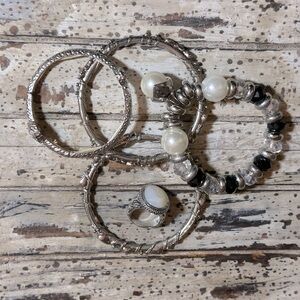 Bundle of 4 statement silver stack bracelets with chunky ring